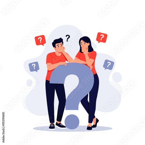 Flat design illustration of a man and woman standing thoughtfully beside a giant question mark with floating question marks around them on a white background.
