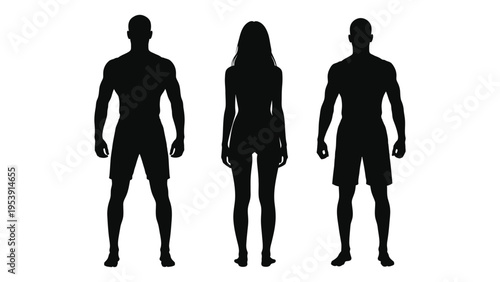 Three silhouetted figures two men and one woman facing forward