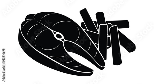 A simple black and white graphic depicts a salmon steak alongside a pile of french fries