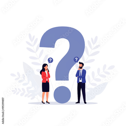 Flat design illustration vector of a man and woman standing on either side of a large question mark with thought bubbles, in a simple style with a clean white background.