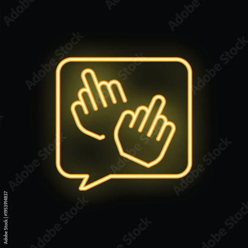 Yellow neon speech bubble showing middle finger up gesture on a dark brick wall background
