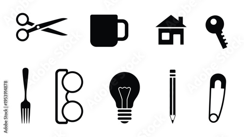 Everyday objects as black silhouettes