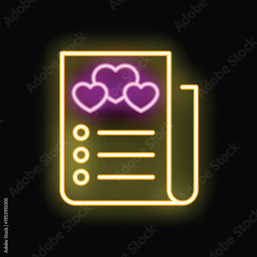 Neon sign of a wish list with hearts glowing on a black brick wall background, perfect for valentine's day or romantic projects