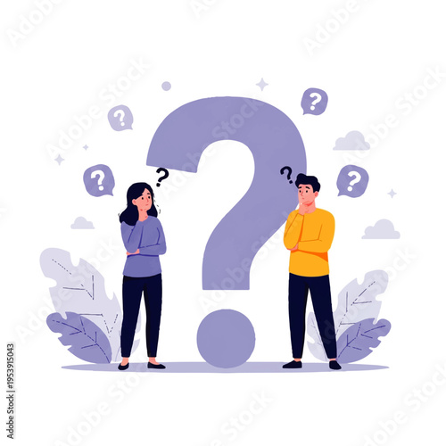 Flat design illustration of a man and woman standing thoughtfully beside a large question mark in a vector graphic with purple accents and a clean white background.
