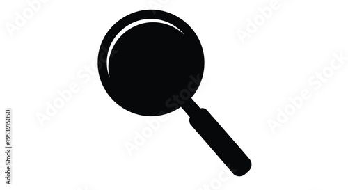 A simple black silhouette of a magnifying glass is presented on a plain white background