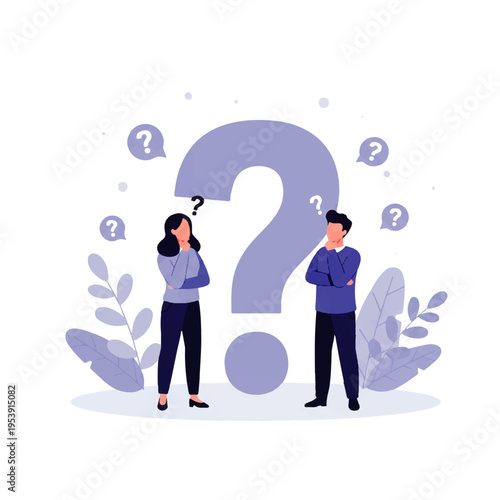 Flat design illustration vector of two people standing thoughtfully with question marks around them in a purple and white graphic.