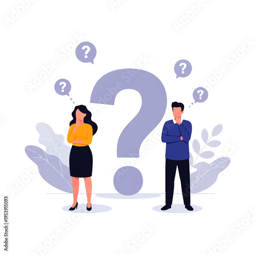 Flat design illustration vector of a man and woman standing with question marks in speech bubbles, conveying confusion, against a minimalist background with leaves.