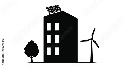 A minimalist black silhouette depicts a building with solar panels a wind turbine and a tree