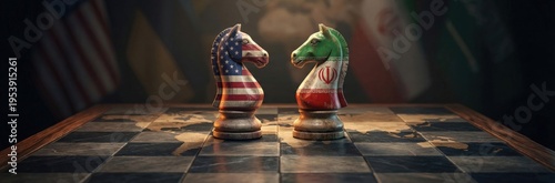 Chess knights with USA and Iran flags facing each other on a world map board. Geopolitical strategy and international conflict concept. Political standoff between United States and Iran