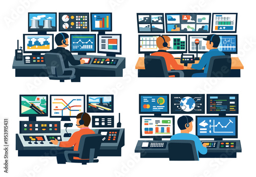 Operators working in high-tech control centers, handling data analysis, dispatch, and security surveillance on multiple screens