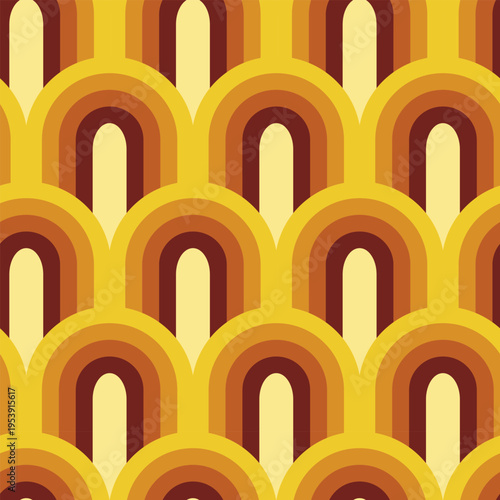 Mid Century Modern Retro geometric arches pattern in yellow, cream, mustard, burnt orange and dark brown seamless pattern. For wallpaper, fabric, home décor and retro backgrounds.