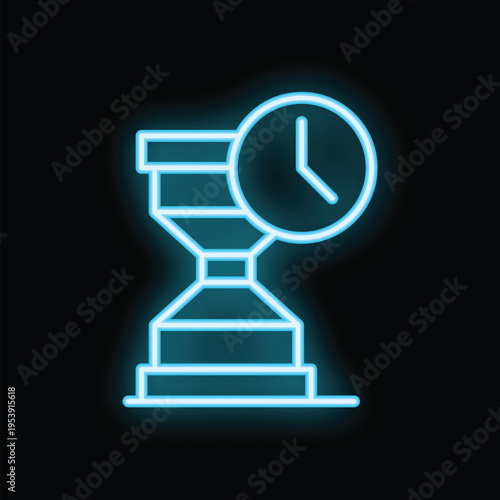 Bright neon blue hourglass with clock is showing passing time on black background, concept of deadline, countdown, and time management