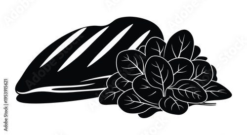 A black and white illustration depicts a loaf of bread alongside a cluster of spinach leaves