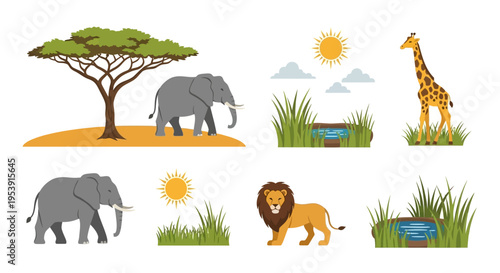 Safari Animals Elephant Lion Giraffe Cartoon Illustration.