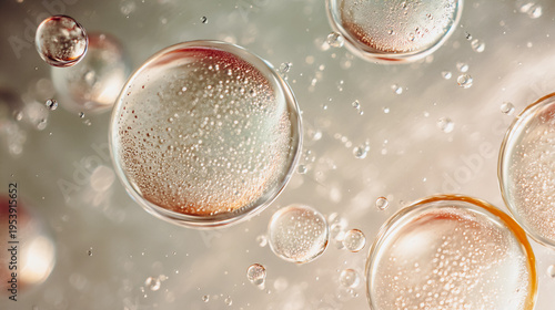Macro photography of golden oil bubbles in liquid serum. Concept of molecular beauty, skin longevity, and deep hydration. Abstract scientific background for luxury skincare and premium cosmetics.