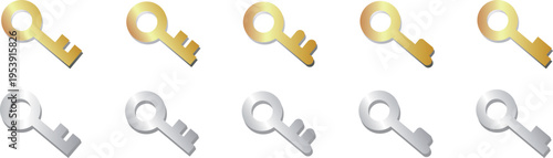 影がついた金と銀の立体感があるキラキラした鍵のアイコン素材セット