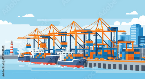 Container Terminal with Cranes and Ships Docked.