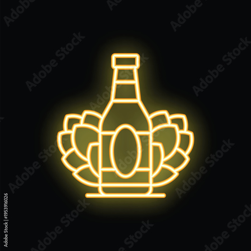 Glowing neon sign depicting a beer bottle surrounded by hops, perfect for any brewery, pub, or bar looking to add a touch of vintage style to their establishment