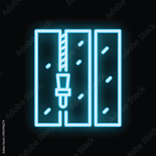 Glowing blue neon icon of a drilling rig extracting minerals from the ground, representing the mining industry