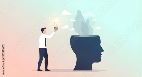 Businessman Holding Glowing Light Bulb Near Open Human Head Silhouette with Cloud Shapes Innovation Concept