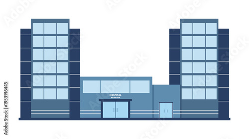 Modern hospital building with reception entrance and symmetrical wings in blue colors