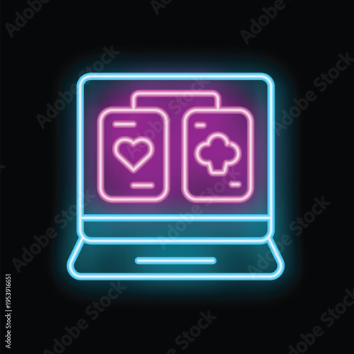 Glowing neon icon representing online casino gambling with playing cards displayed on a laptop screen