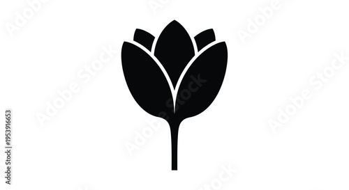 A minimalist black silhouette depicts a blossoming flower with layered petals and a slender stem