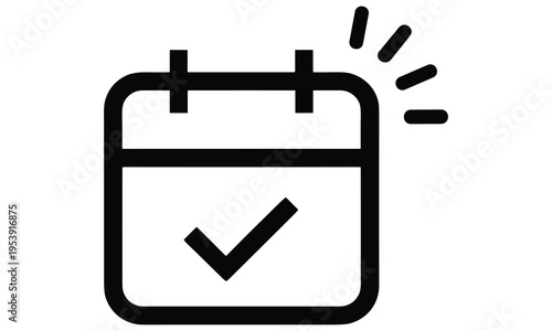 Simple vector graphic illustration of a calendar icon with a checkmark indicating a scheduled event or appointment on a clean white background with a notification symbol.
