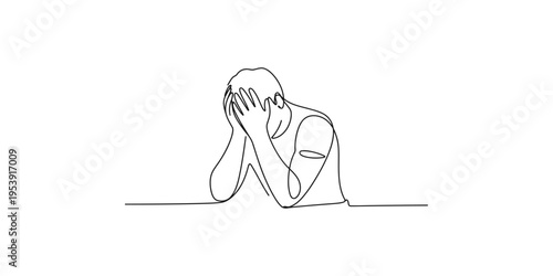 Continuous line drawing of a person covering their face with their hands in distress distressed
