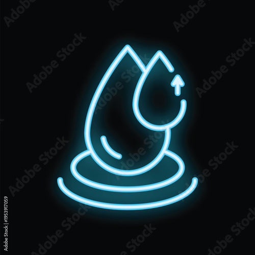 Neon icon of water drop evaporation with arrow pointing up, representing the concept of water evaporation