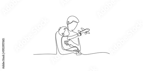 Continuous line drawing of a father and child playing with airplane toy together man kid