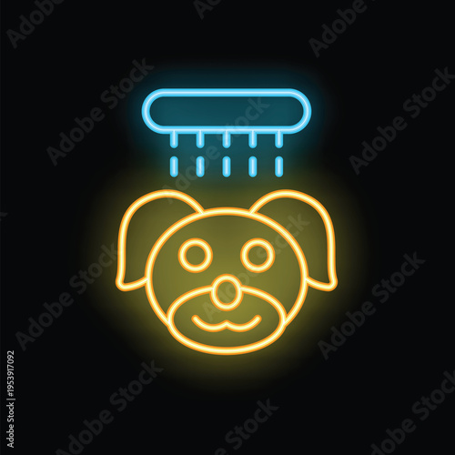 Yellow neon icon of a dog taking a shower with water drops falling down