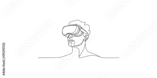 Woman wearing virtual reality headset in one line drawing style single continuous minimalist art simple