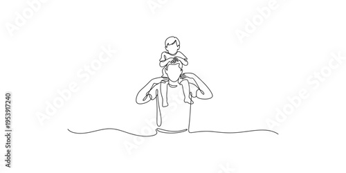 Continuous line drawing of a man carrying a child on his shoulders one single art