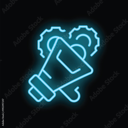 Glowing neon megaphone with gears representing the concept of amplifying marketing reach through strategic content promotion