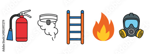 Fire safety tools and symbols display important items for emergency situations, including extinguisher
