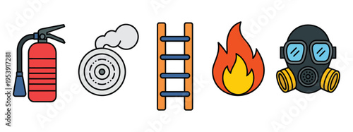 Fire safety tools and symbols display essential equipment