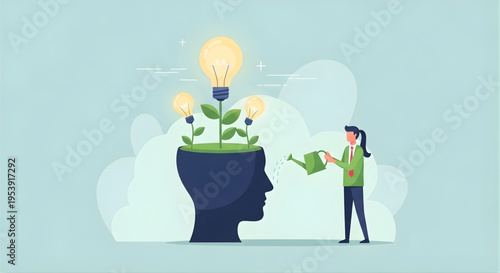 Businesswoman Watering Idea Light Bulb Plants Growing from Head Silhouette Concept Illustration