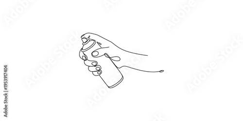 Hand holding a spray bottle with finger on the nozzle in a line drawing illustration