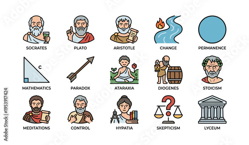 Greek philosophers: socrates, plato, aristotle and concepts illustrated