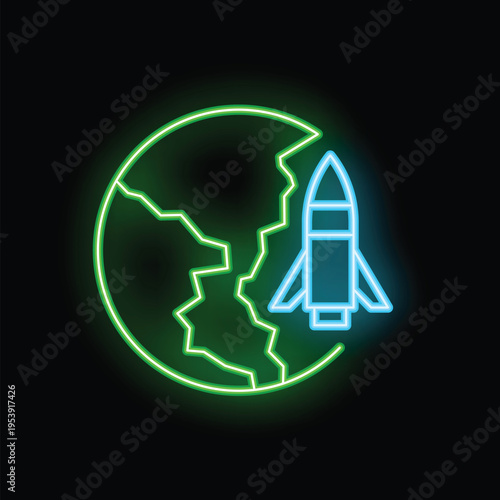 Neon sign showing a rocket leaving a cracked planet earth, representing global warming, pollution and the search for a new home