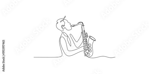 Continuous line drawing of a man playing a saxophone on a white background musician art