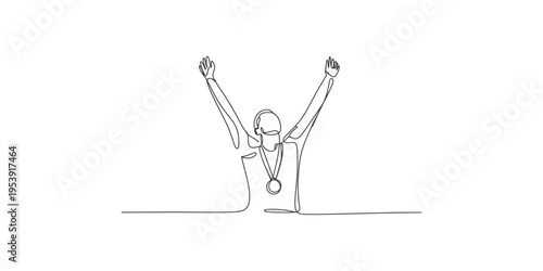 Continuous line drawing of a man with arms raised and a medal around his neck