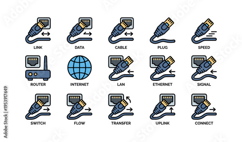 Internet connectivity icons featuring cable, router, ethernet, lan, and data transfer symbols