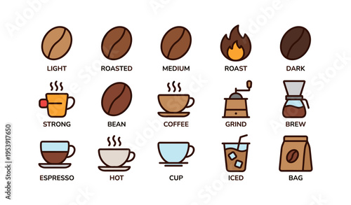 Coffee types and brewing icons: beans, roast levels, and equipment