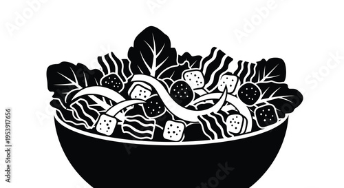A black and white illustration depicts a bowl brimming with fresh lettuce tomatoes and croutons