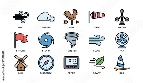 Weather symbols: wind, breeze, gale, storm, speed, direction, flow, vane, draft, fan, sail