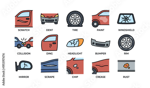 Car damage icons: scratch, dent, tire, paint, windshield, collision, ding, headlight