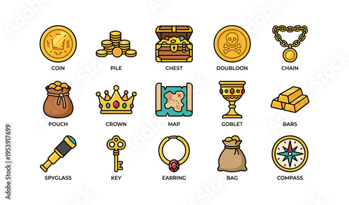 Assorted pirate treasure icons including coins, map, crown, and compass