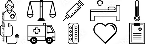Collection of medical icons including nurse scales of justice syringe hospital bed and stethoscope for healthcare and wellness concepts